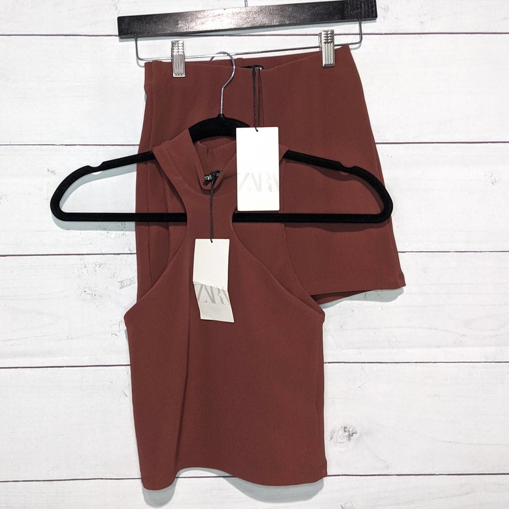 NWT Zara Ribbed Halter Neck Top & Shorts Brown Women's Size Small/Medium